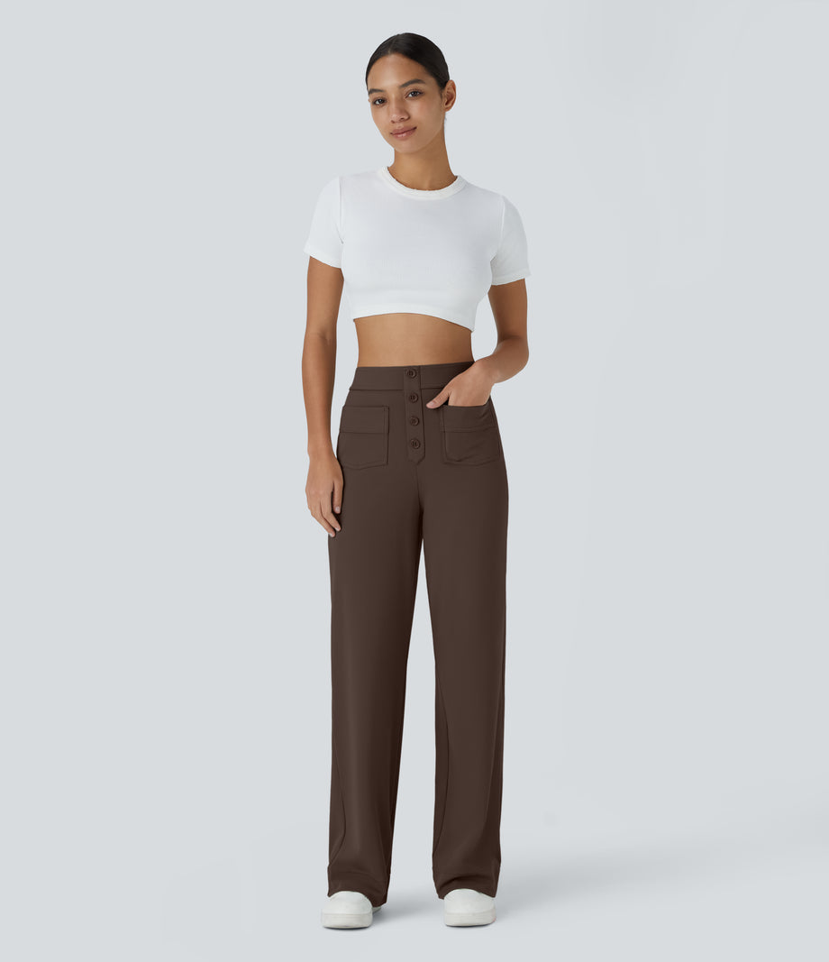 DayStretch High Waisted Pockets Straight Leg Casual Pants - Chocolate Martini