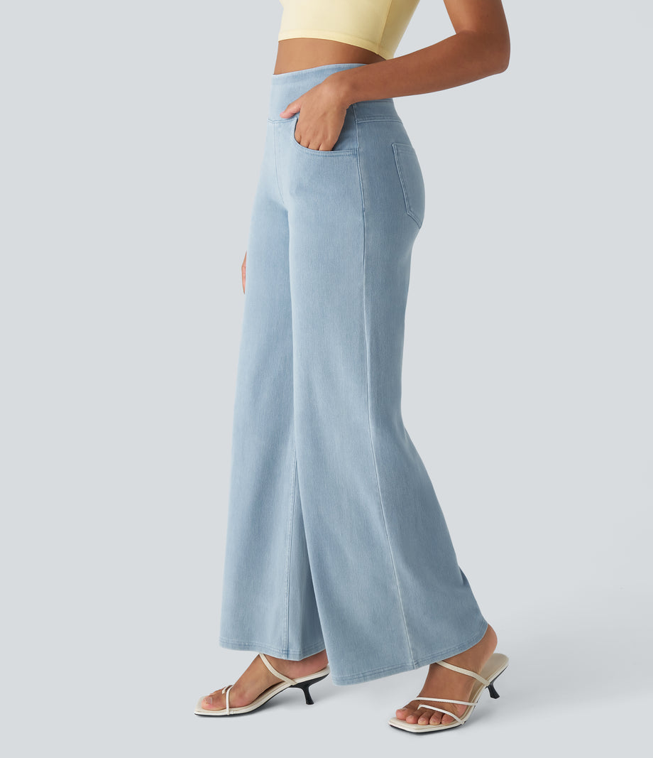 Halara Flex™ High Waisted Pockets Wide Leg Loose Work Jeans - Denim Cyan Blue