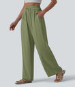 High Waisted Drawstring Wide Leg Casual Linen-Blend Pants with Pockets - Iguana