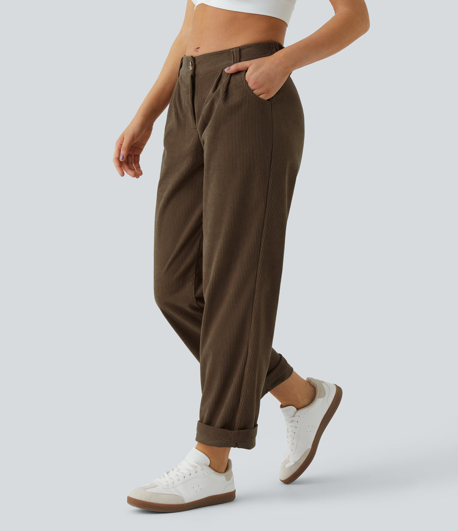 Mid Rise Zipper Pocket Corduroy Casual Pants - Demitasse