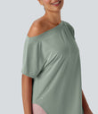 One Shoulder Short Sleeve Curved Hem High Low Quick Dry Yoga Sports Top - Iceberg Green