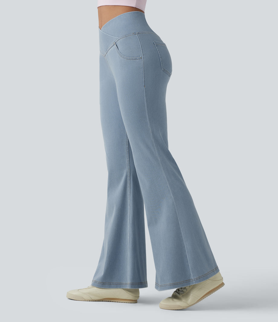Halara Flex™ High Waisted Crossover Pocket Washed Casual Jeans - Powder Blue Denim
