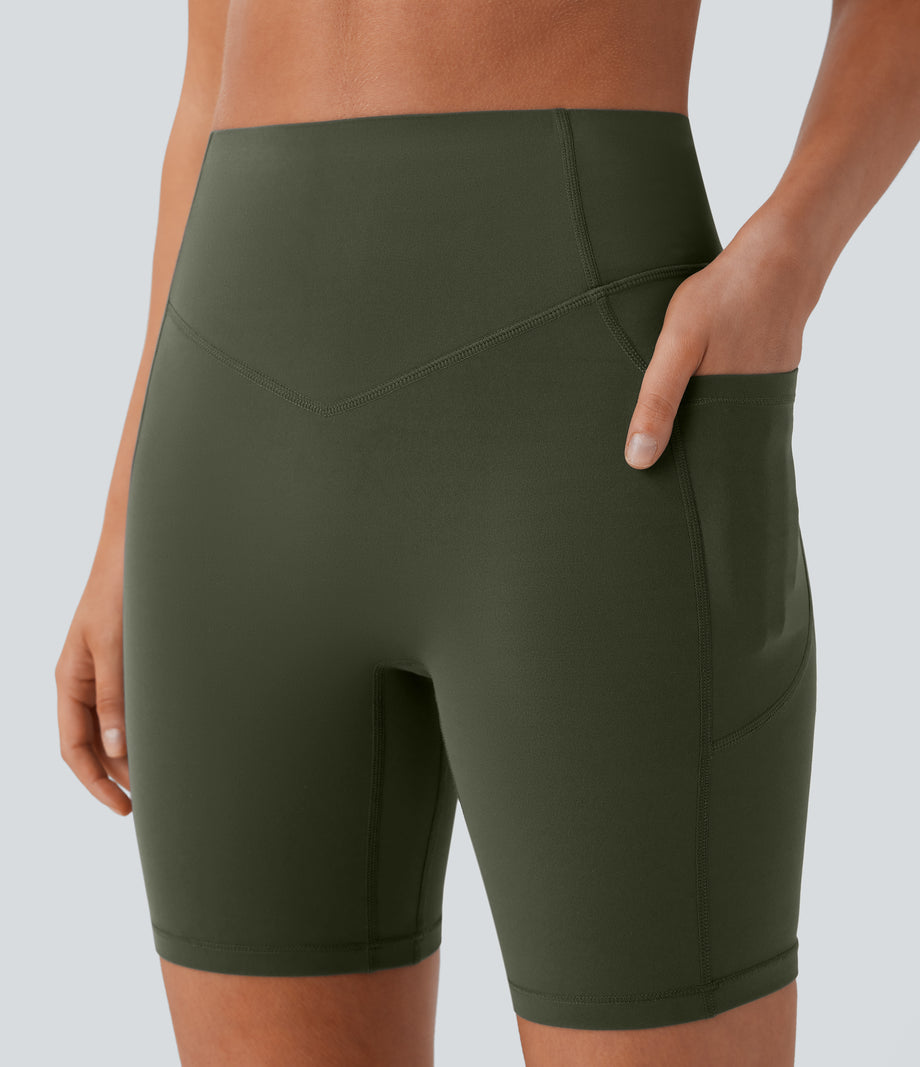 Halara UltraSculpt™ High Waisted Scrunch Butt Lifting Tummy Control Side Pocket Shaping Workout Biker Shorts 7'' - Deep Woodland Green