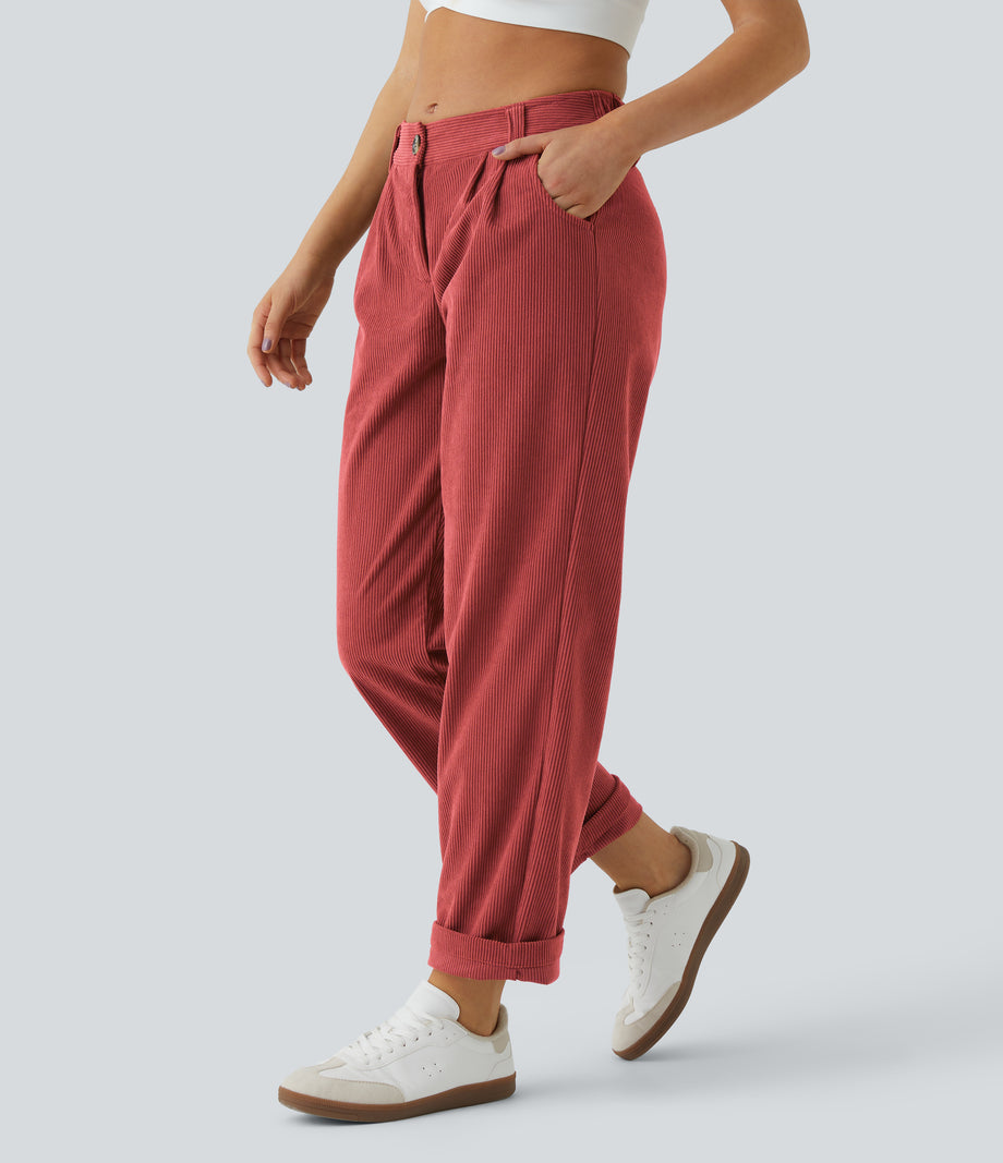 Mid Rise Zipper Pocket Corduroy Casual Pants - Baked Apple