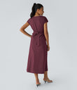 Breezeful™ V Neck Short Sleeve Pocket Tie Back Quick Dry Midi Casual Dress-Longer Length - Amaranth