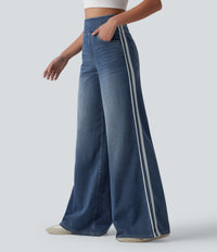 Halara Flex™ High Waisted Stripe Wide Leg Flowy Washed Casual Jeans with Pockets - Tide Blue Denim