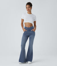 Halara Flex™ High Waisted Crossover Pocket Washed Casual Flare Jeans - Blue Gray Denim
