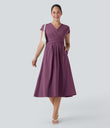 Breezeful™ V Neck Short Sleeve Pocket Tie Back Quick Dry Midi Casual Dress - Amaranth