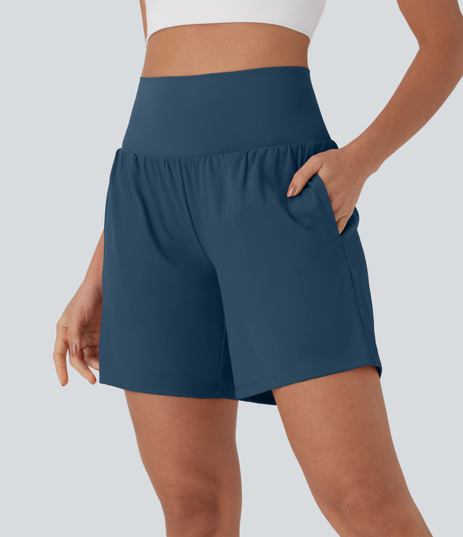SoftlyZero™ Airy Super High Waisted 2-in-1 Cool Touch Yoga Shorts 7" with Pockets - Majolica Blue