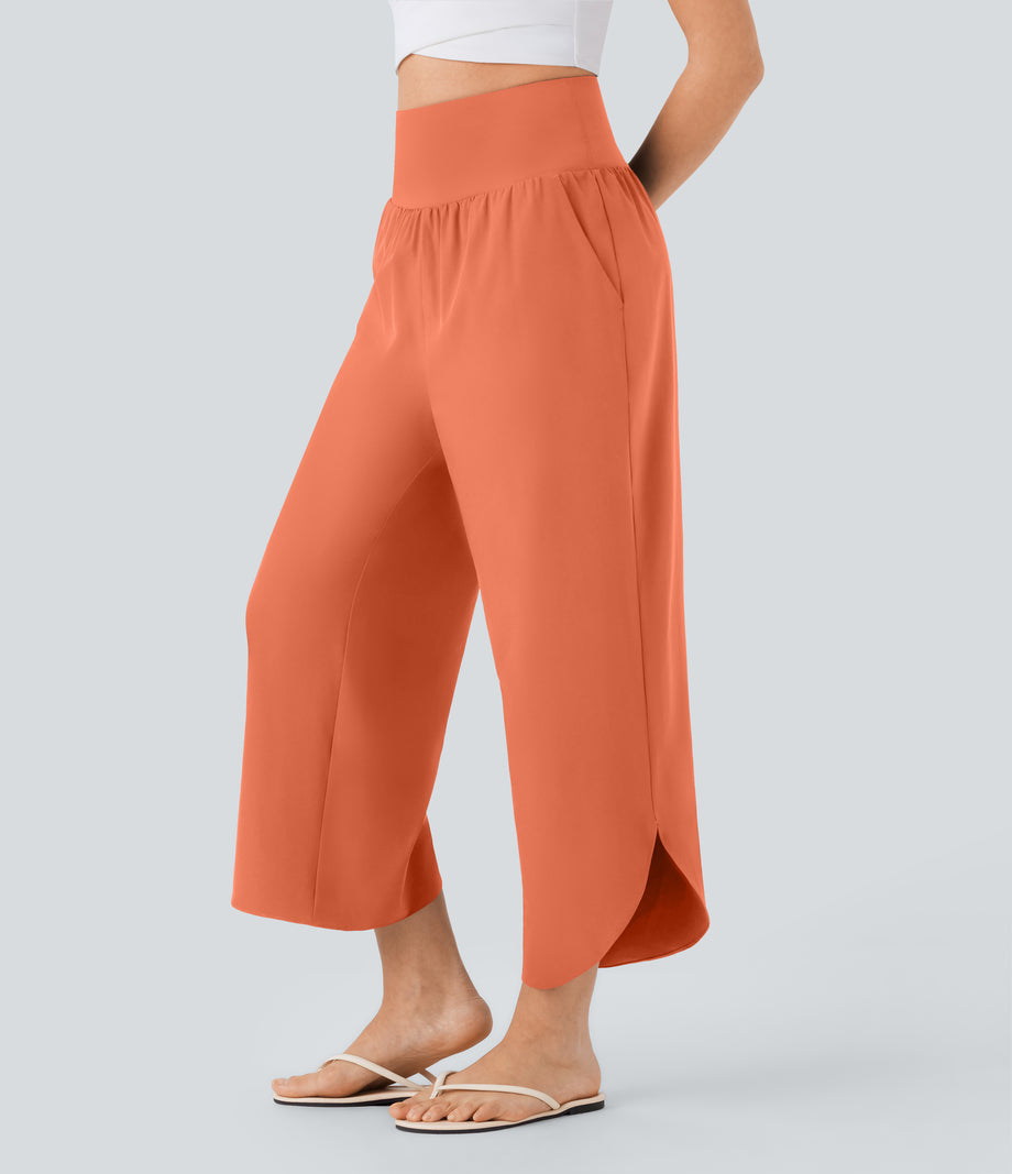 Breezeful™ High Waisted Tummy Control Split Hem Quick Dry Resort Pants with Pockets - Flamingo