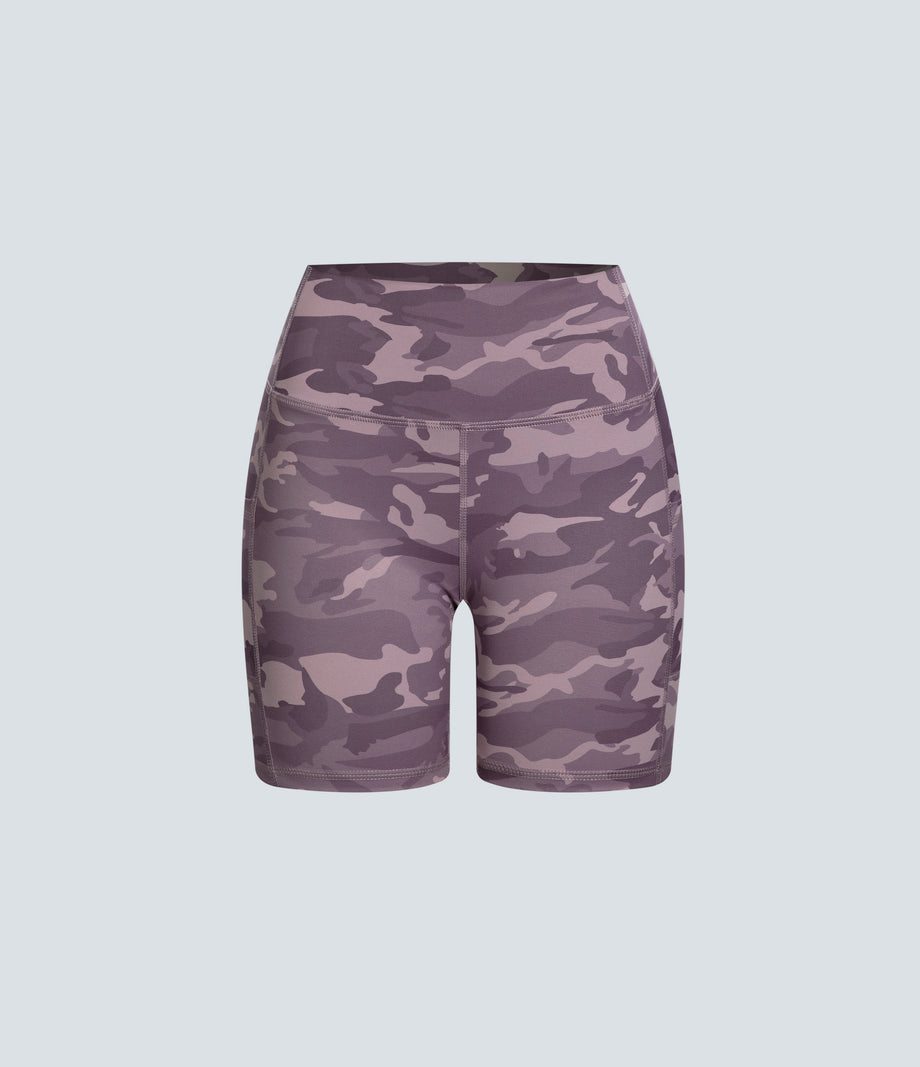 High Waisted Pocket Running Biker Shorts - Fuchsia Camouflage