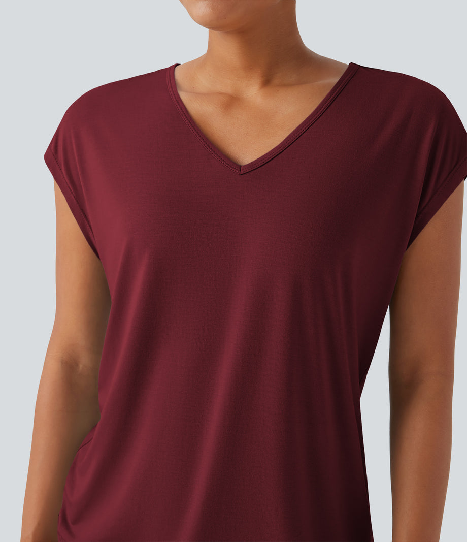 V Neck Short Sleeve Casual T-Shirt - New Maroon