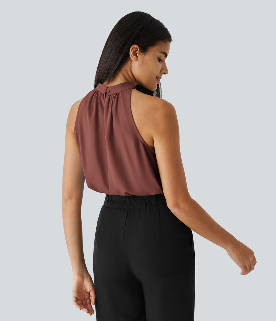 Keyhole Back Halter Sleeveless Curved Hem Work Blouse - Mahogany