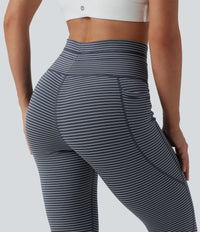 High Waisted Drawstring Striped Yoga Leggings with Pockets - Midnight Stripe