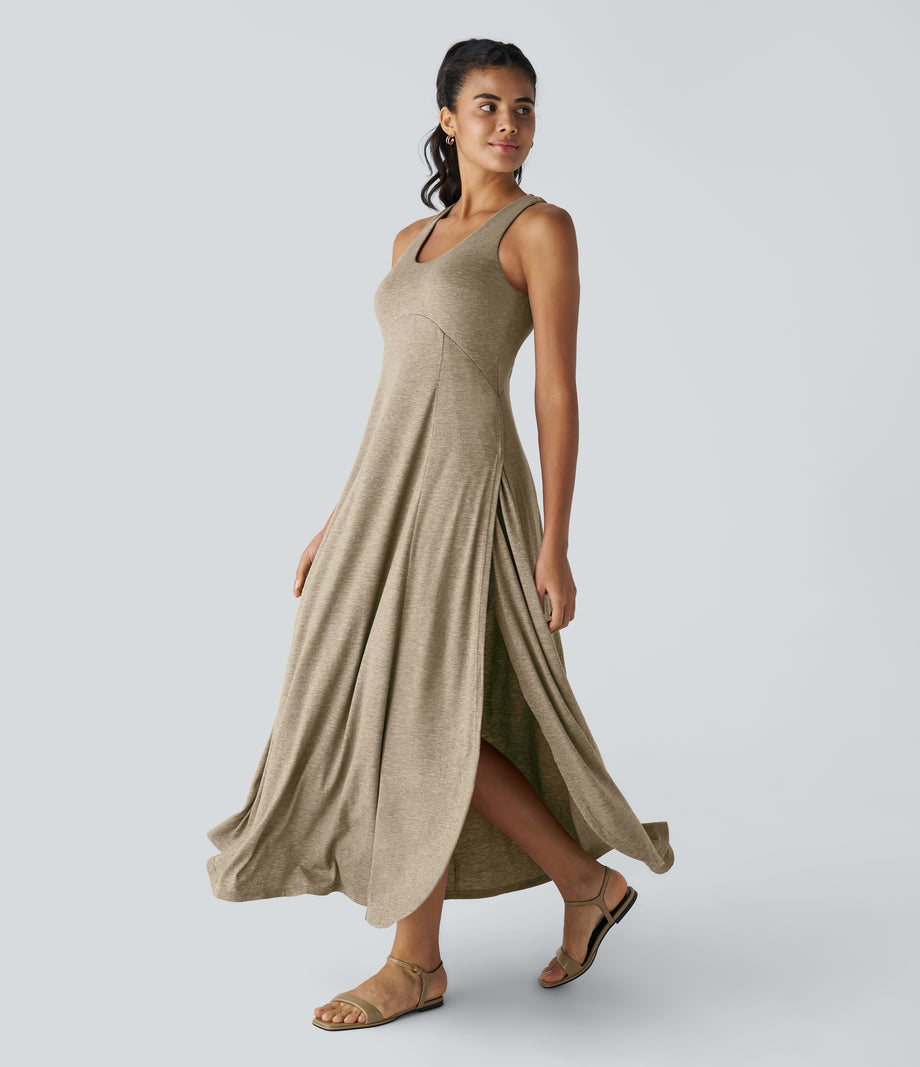 U Neck Flowy Maxi Casual Tank Dress - Khaki Floral Yarn