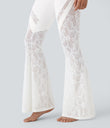 SoftlyZero™ High Waisted Crossover Pocket Contrast Lace Flare Yoga Leggings - White