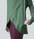 Hooded Cowl Neck Long Sleeve Thumb Hole Yoga Sports Top with Pockets - Dark Ivy