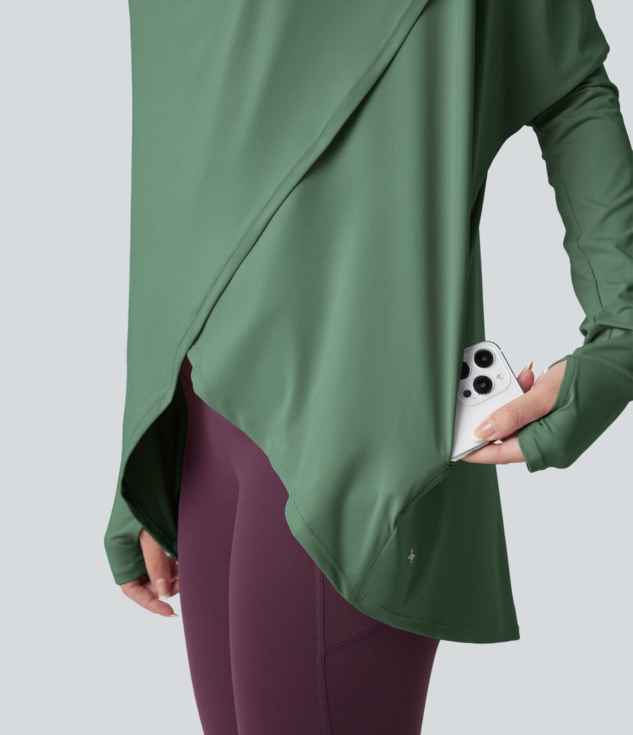 Hooded Cowl Neck Long Sleeve Thumb Hole Yoga Sports Top with Pockets - Dark Ivy