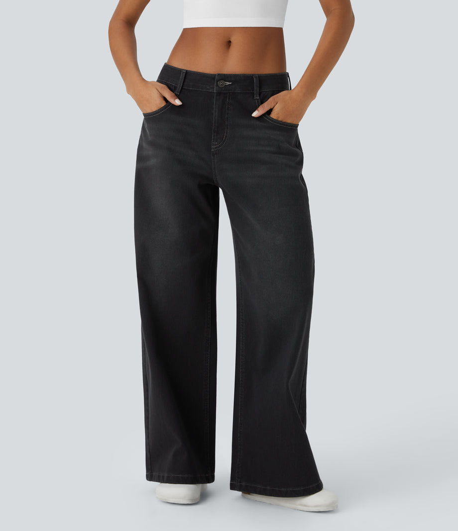 Halara Flex™ Low Rise Zipper Pockets Washed Baggy Wide Leg Casual Jeans - Deep Ink Black Denim