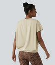 Round Neck Short Sleeve Ruched Cool Touch Yoga Sports Top-UPF50+ - Almond Milk