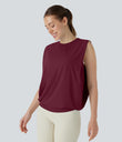 Round Neck Ruched Cool Touch Yoga Tank Top-UPF50+ - Deep Wine