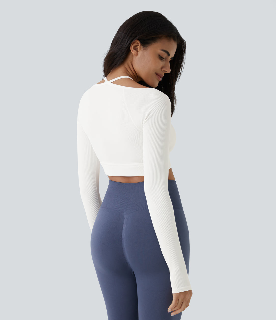 Ribbed Halter Strap Thumb Hole Cropped Yoga Sports Top - White