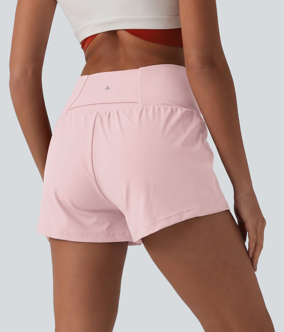 SoftlyZero™ Airy Crossover High Waisted 2-in-1 Cool Touch Yoga Shorts 3'' with Pockets - Primrose Pink
