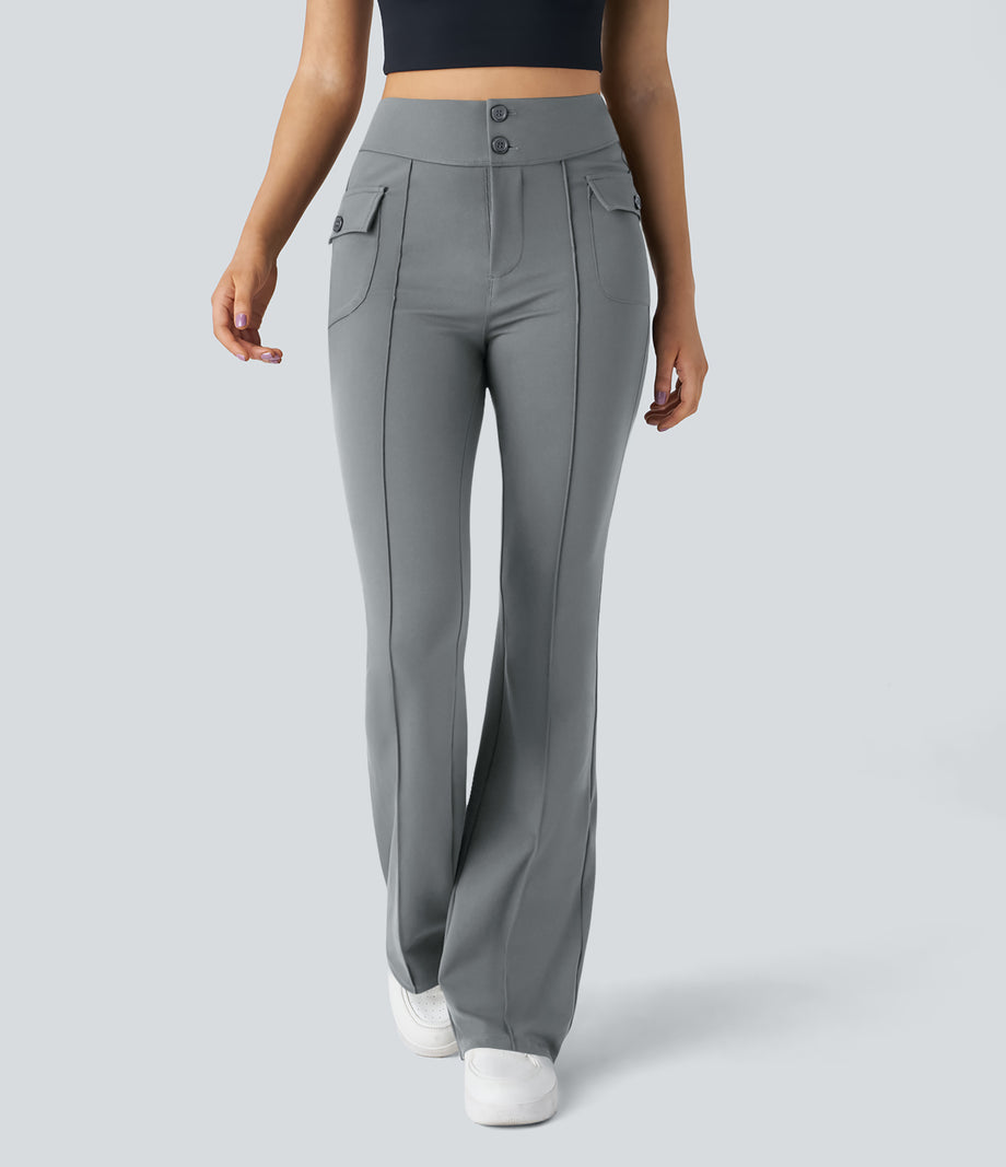 High Waisted Side Flap Pocket Flare Casual Cargo Pants - Brick Gray