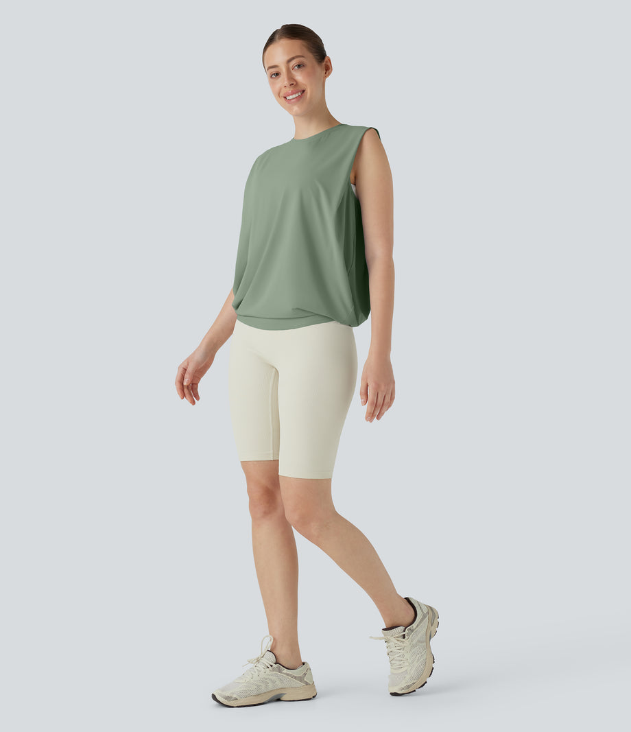 Round Neck Ruched Cool Touch Yoga Tank Top-UPF50+ - Hedge Green