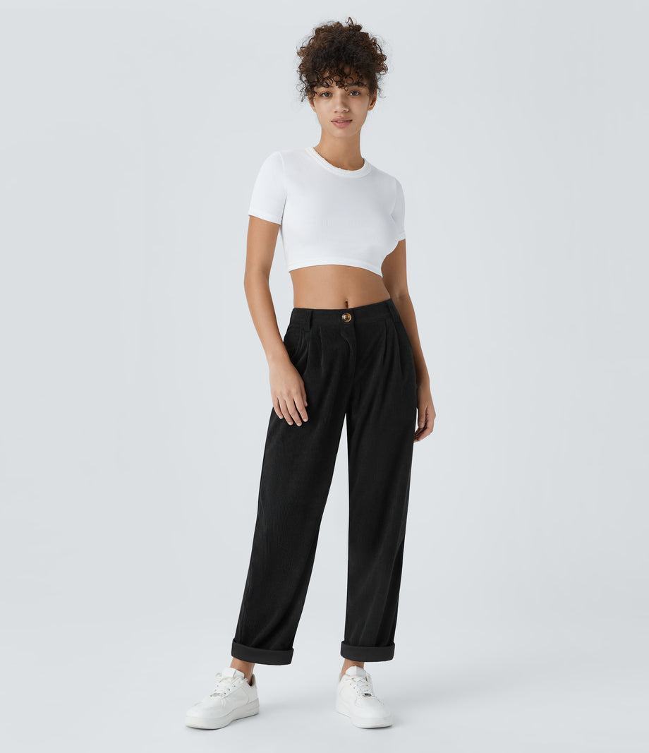 Mid Rise Zipper Pocket Corduroy Casual Pants - Black