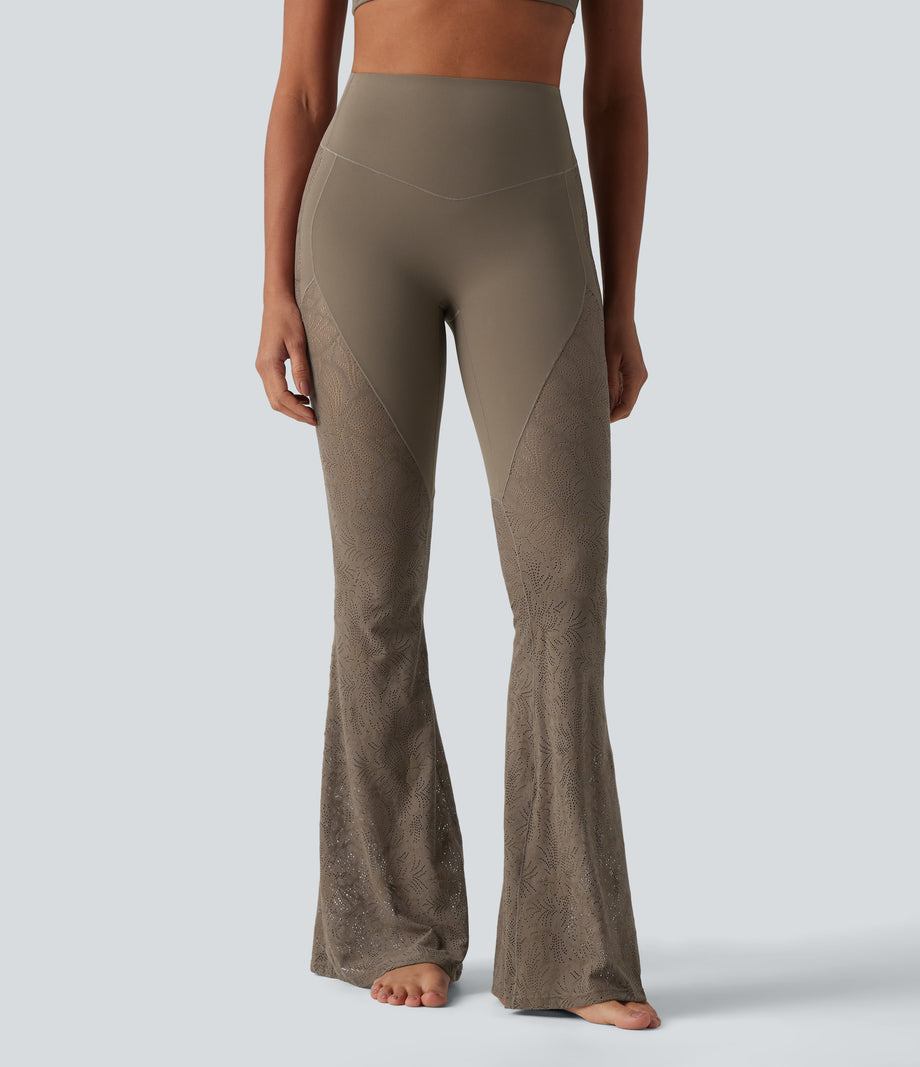 Halara UltraSculpt™ High Waisted Tummy Control Contrast Lace Yoga Flare Leggings with Pocket - Dawn Brown