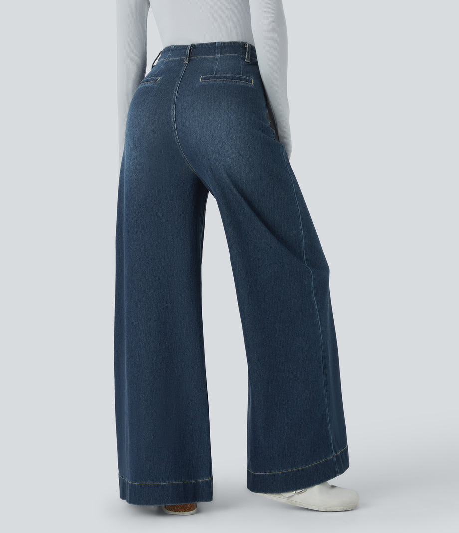Halara Flex™ High Waisted Pockets Washed Casual Wide Leg Jeans - Distressed Denim Dark Blue