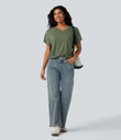 V-neck Short Sleeve Ruched Relaxed Casual Top - Light Green Floral Yarn