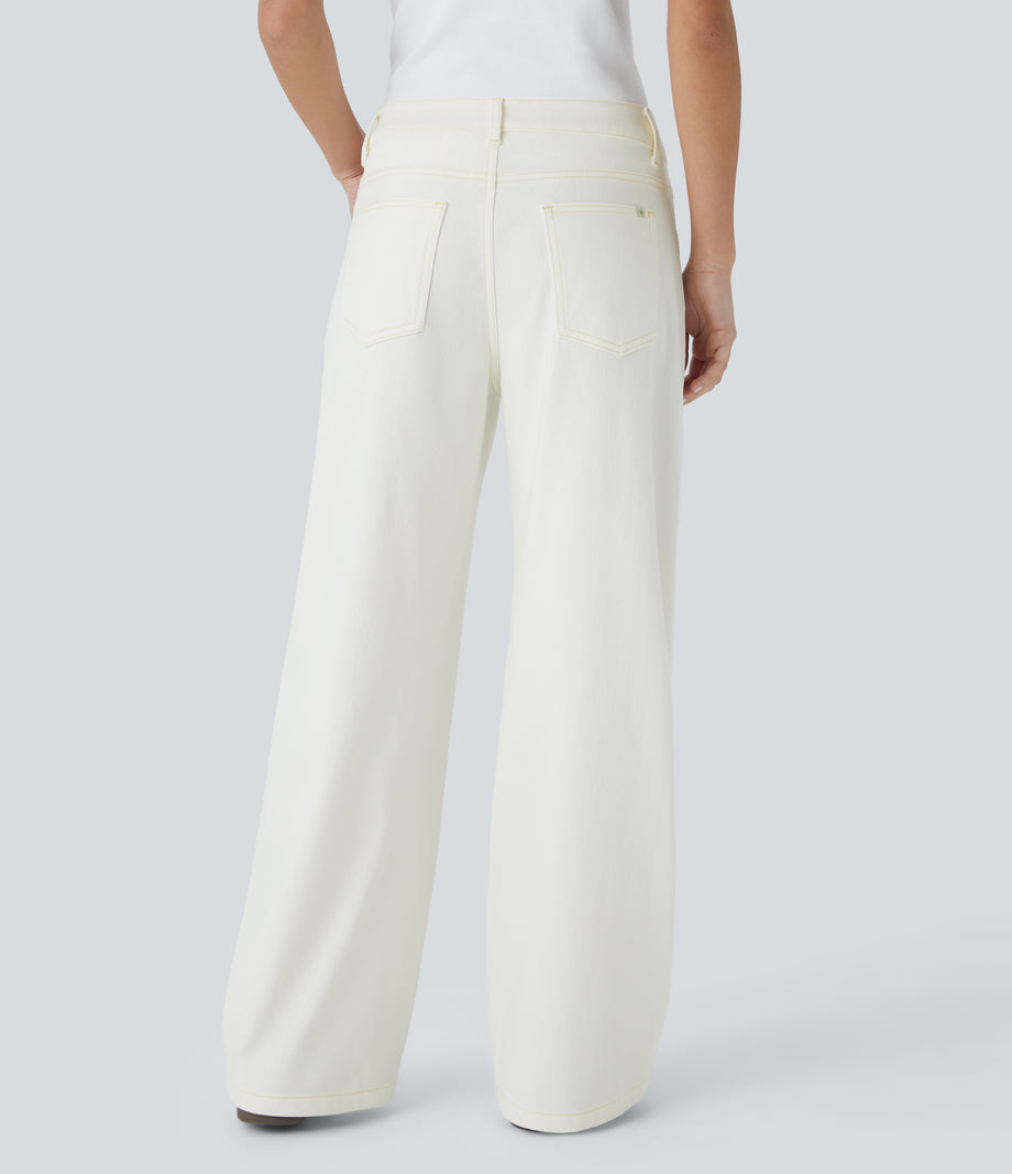 Halara Flex™ Low Rise Zipper Pockets Washed Baggy Wide Leg Casual Jeans - Beige Denim