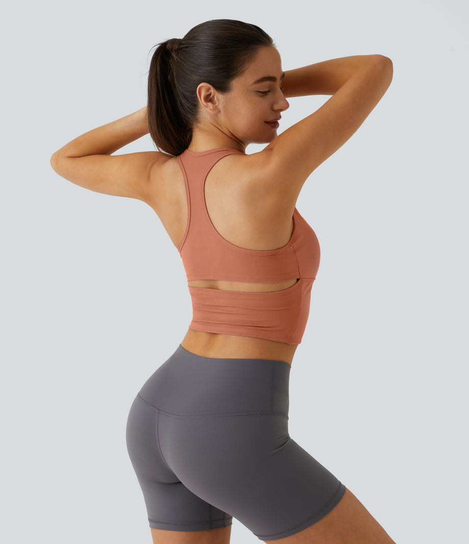 SoftlyZero™ Plush U Neck Racerback Cut Out Cropped Yoga Tank Top - Sun Baked