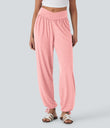 Crossover High Waisted Pocket Drawstring Casual Joggers - Creole Pink Floral Yarn