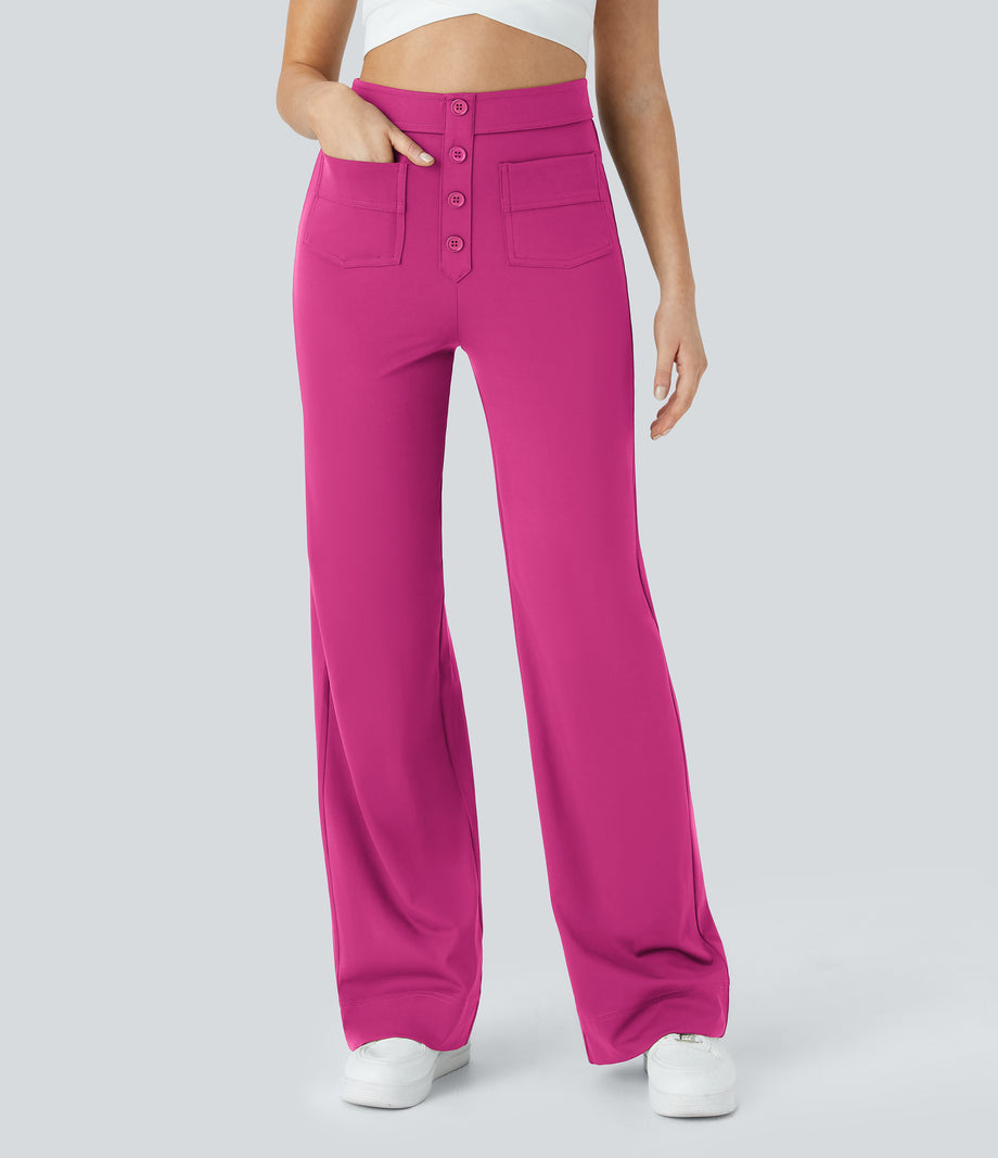 DayStretch High Waisted Pockets Straight Leg Casual Pants - Raspberry Rose