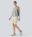 Round Neck Ruched Cool Touch Yoga Tank Top-UPF50+ - Mirage Gray