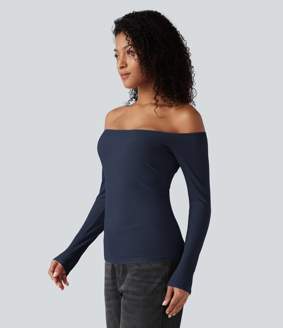 Ribbed Knit Off Shoulder Long Sleeve 2-in-1 Casual Top - Naval Academy