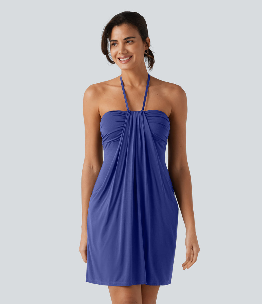 Halter Tie Back Mini Resort Dress with Pockets - Orchid Purple