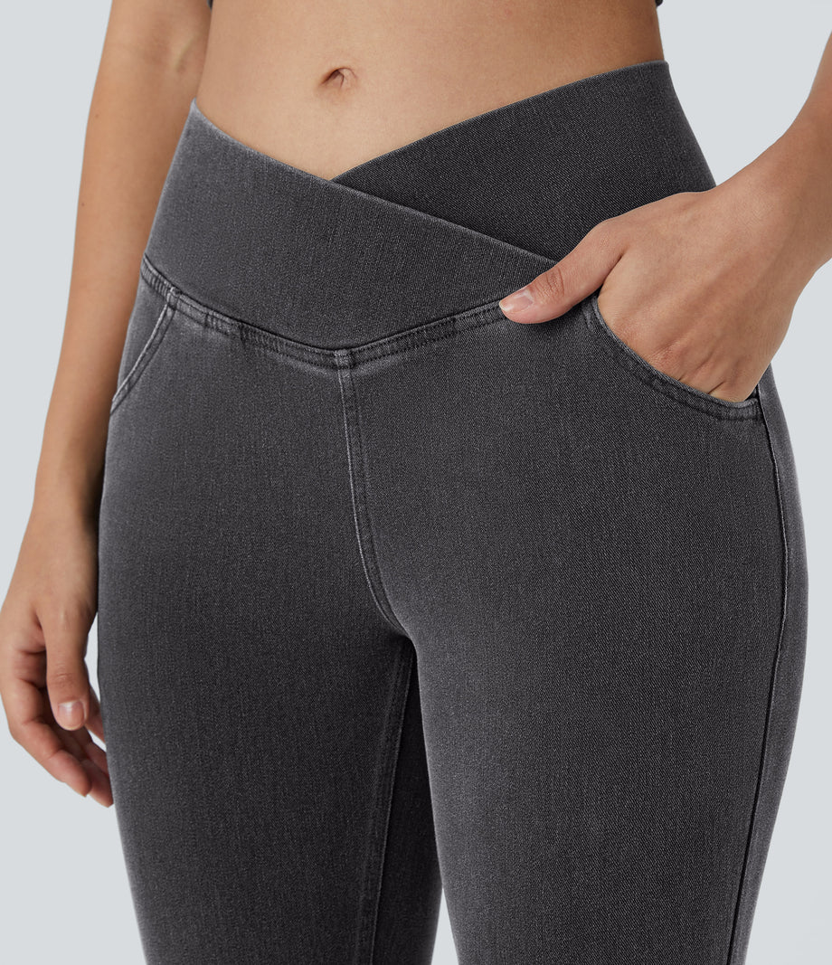 Halara Flex™ High Waisted Crossover Pocket Cool Touch Washed Casual Jeans - Coal Black Denim