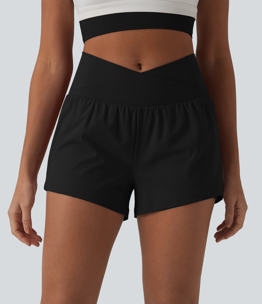SoftlyZero™ Airy Crossover High Waisted 2-in-1 Cool Touch Yoga Shorts 3'' with Pockets - Black