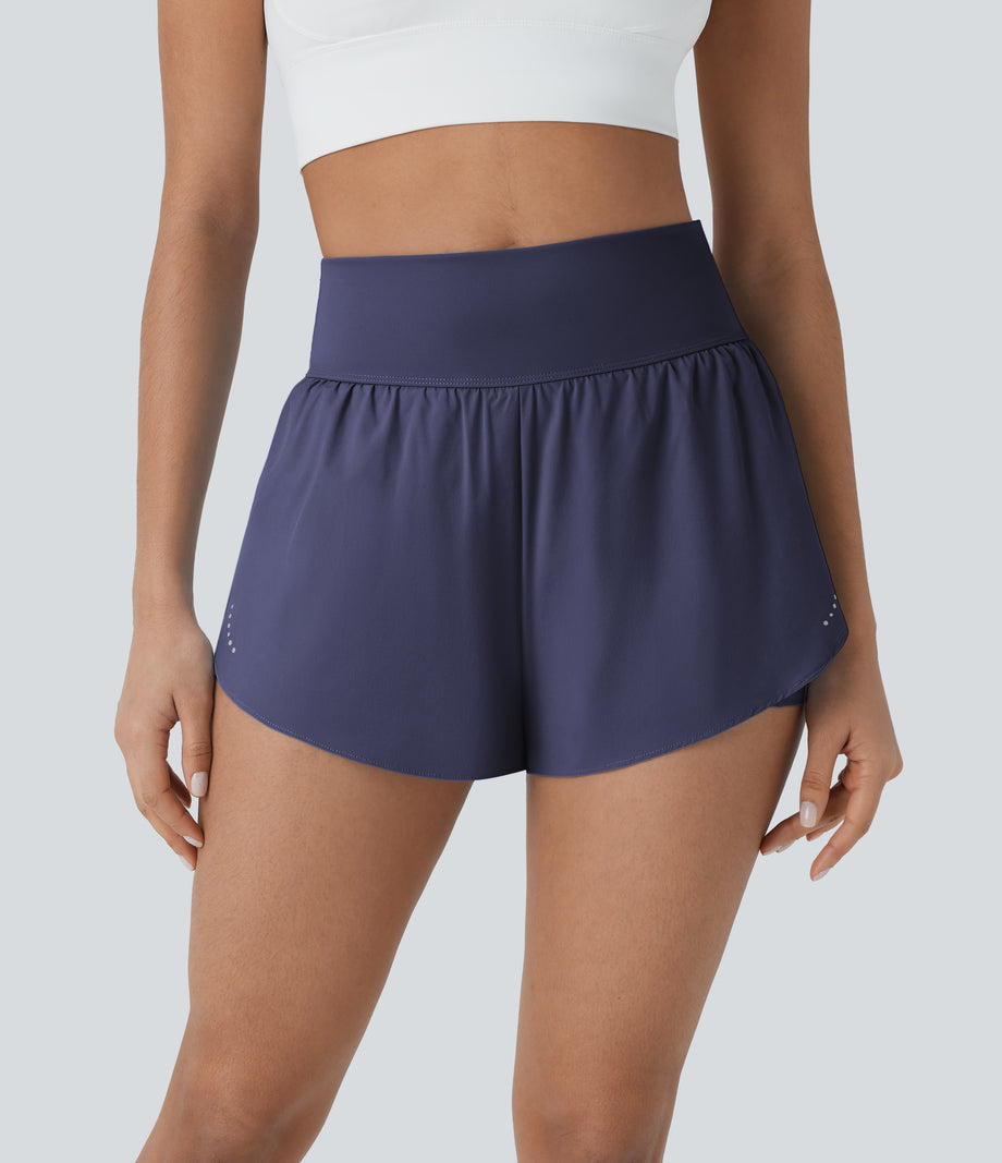 SoftlyZero™ QuickDry High Waisted Tummy Control Reflective Dots Crossover Hem 2-in-1 Running Shorts 3'' with Pockets - Dawn Purple