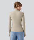 Mock-neck Long Sleeve Ruched Asymmetric Hem Thermal Casual Top - Brown Rice