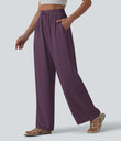 High Waisted Drawstring Wide Leg Casual Linen-Blend Pants with Pockets - Zinfandel