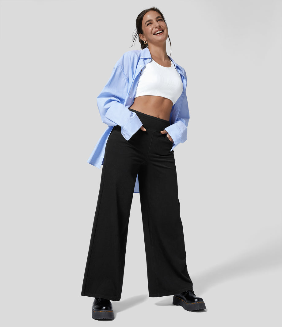 Halara Flex™ High Waisted Pockets Wide Leg Loose Work Jeans - Black Denim
