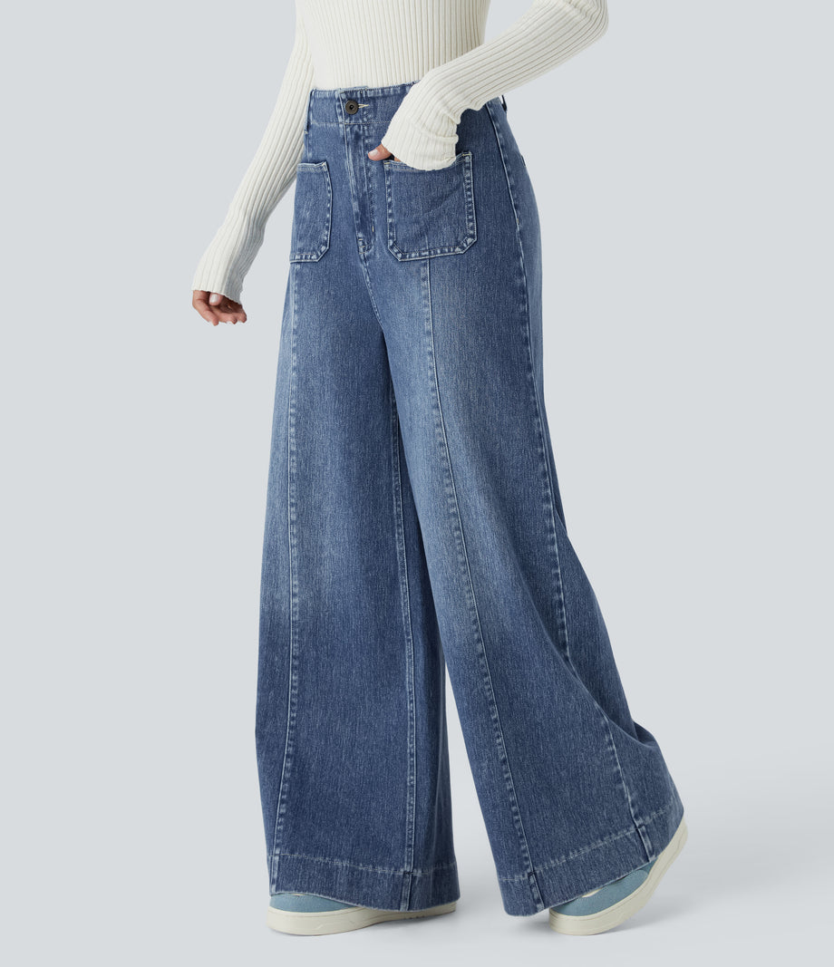 Halara Flex™ High Waisted Pockets Washed Casual Wide Leg Jeans - Orchid Blue Denim