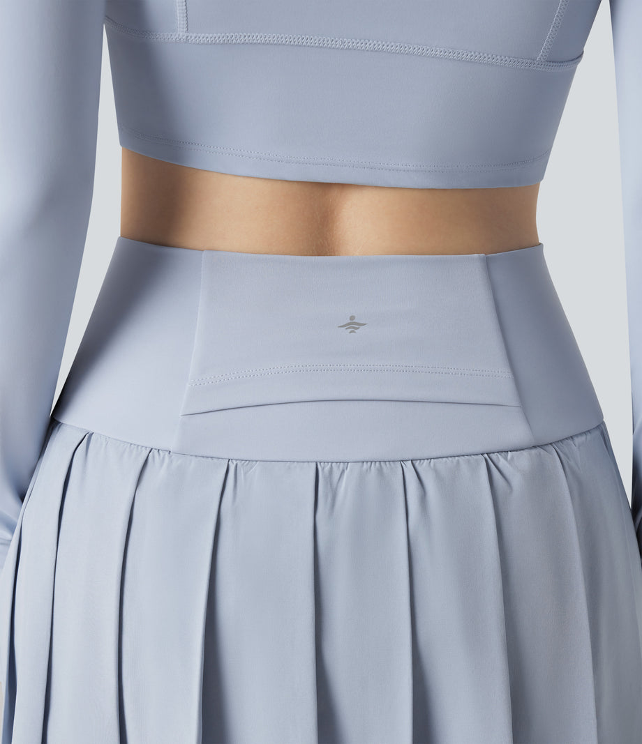 Breezeful™ High Waisted Pleated 2-in-1 Contrast Mesh Quick Dry Dance Stirrup Skirted Leggings with Pockets - Ballad Blue