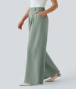High Waisted Pocket Wide Leg Flowy Solid Palazzo Casual Linen-Feel Pants - Iceberg Green