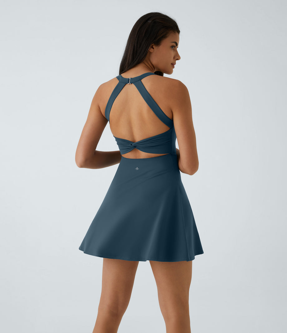 SoftlyZero™ Airy Backless Twisted Flare Low Support Dance Active Dress-Longer Length-Easy Peezy Edition A-D Cups - Majolica Blue